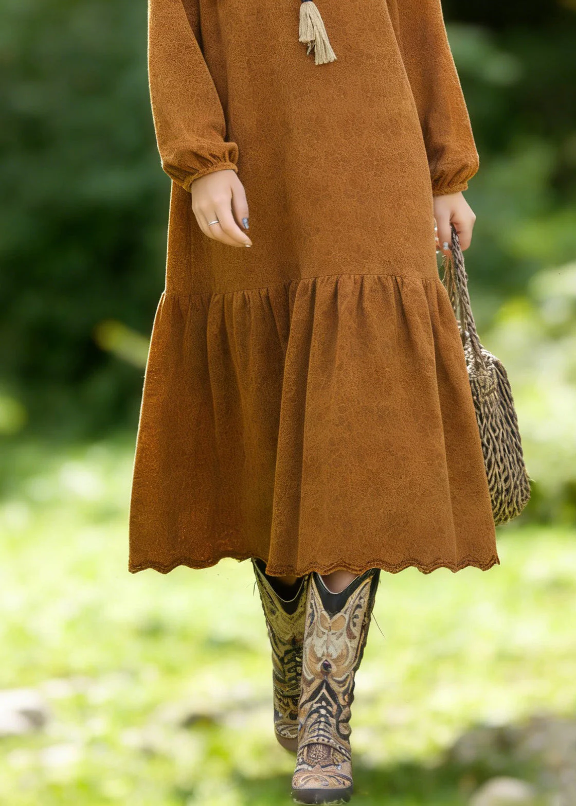 Boho Brown O Neck Jacquard Lace Vacation Dresses Spring - Image 4