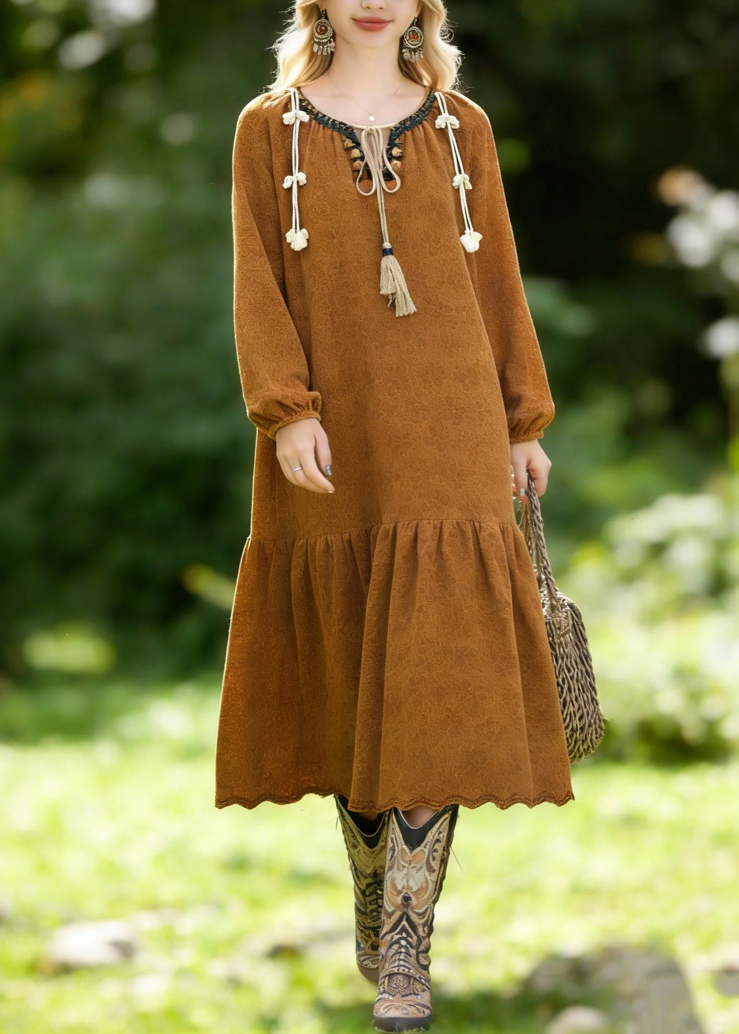 Boho Brown O Neck Jacquard Lace Vacation Dresses Spring - Image 5
