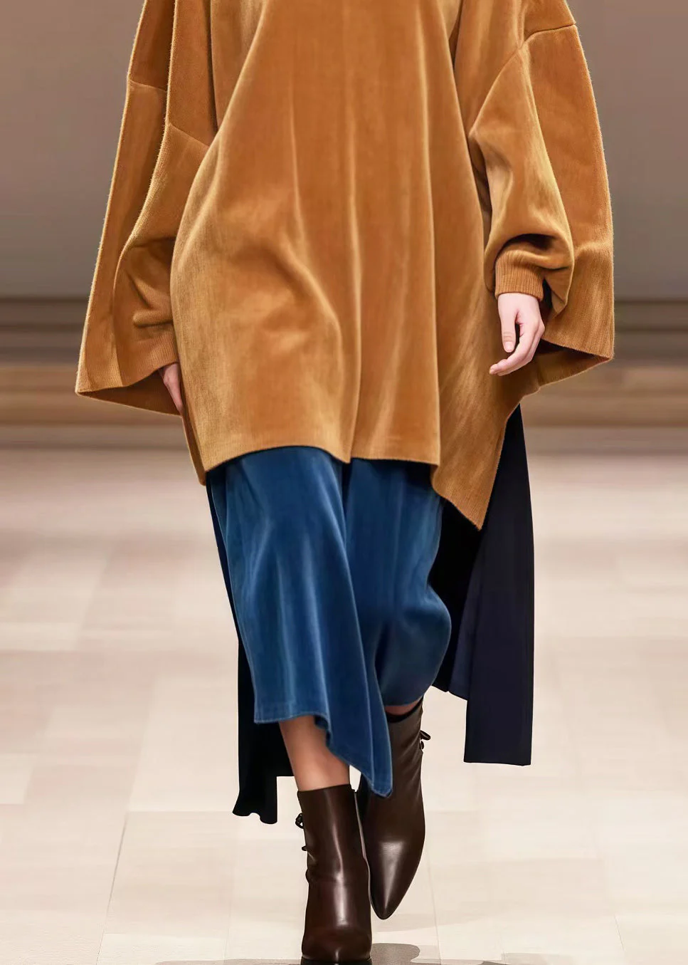 Boho Brown Oversized Patchwork Corduroy Fake Two Piece Dresses Spring - Image 4
