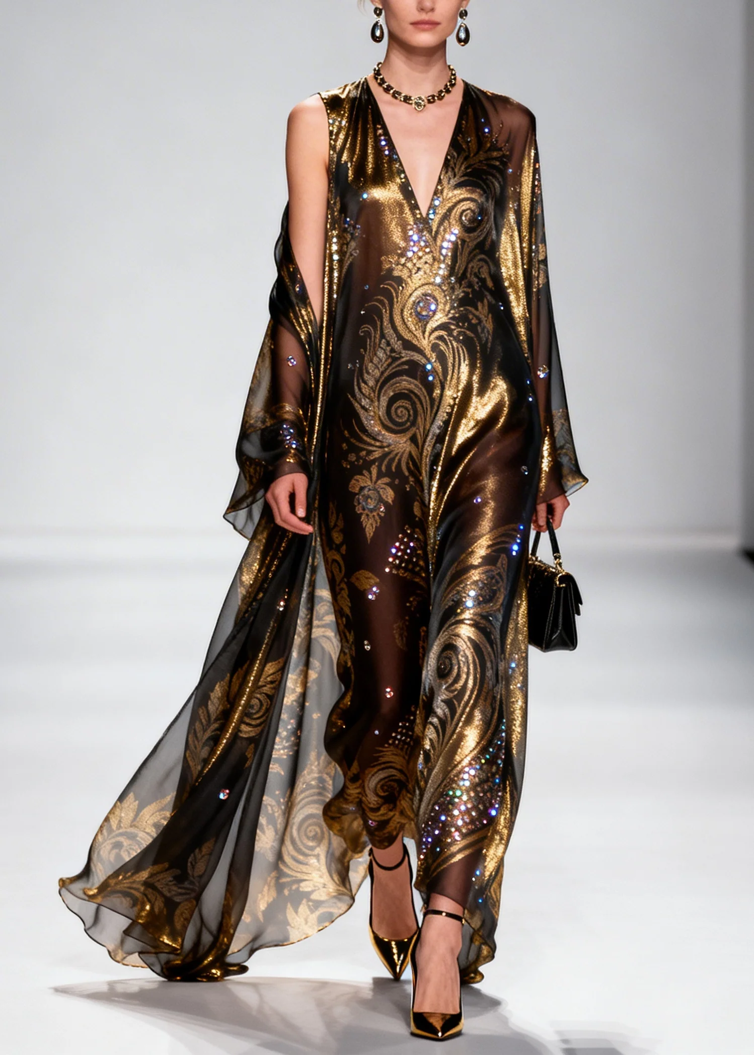 Boho Brown Rhinestone Exra Large Hem Silk Party Dress Summer