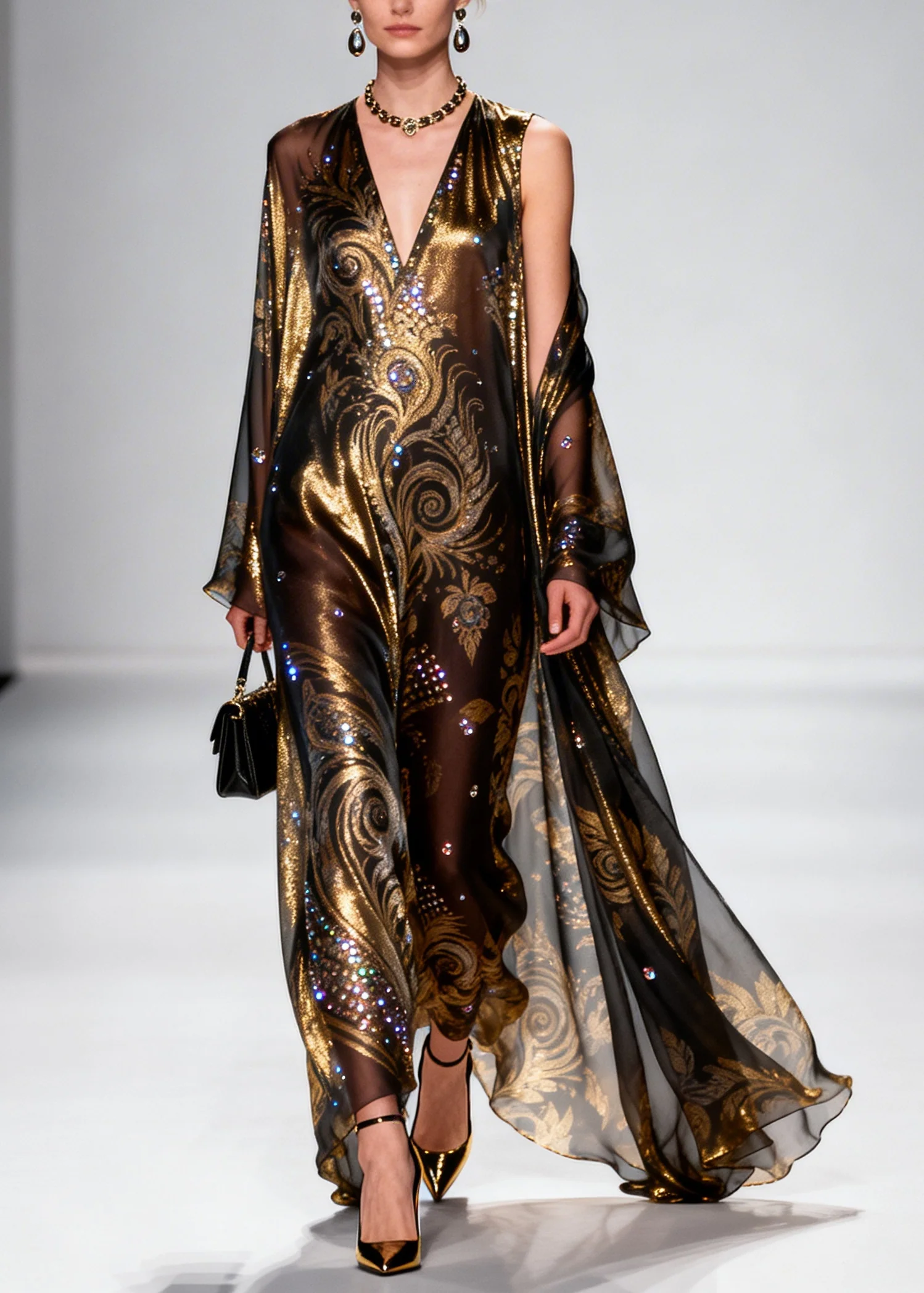 Boho Brown Rhinestone Exra Large Hem Silk Party Dress Summer - Image 3