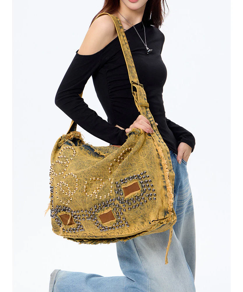 Boho Brown Rivet Large Capacity Applique Denim Messenger Bag - Image 2