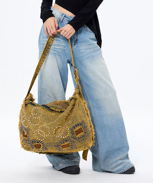 Boho Brown Rivet Large Capacity Applique Denim Messenger Bag - Image 3