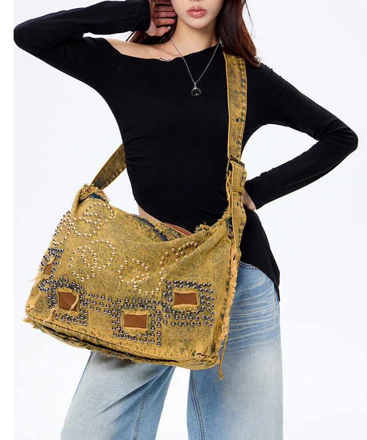 Boho Brown Rivet Large Capacity Applique Denim Messenger Bag - Image 4