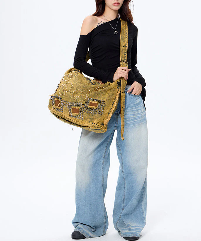 Boho Brown Rivet Large Capacity Applique Denim Messenger Bag - Image 5