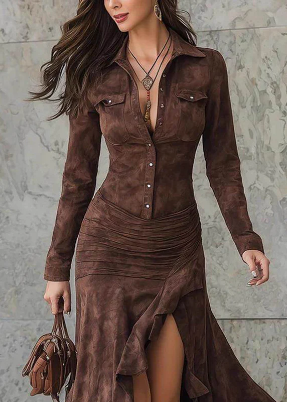Boho Caramel Peter Pan Collar Patchwork Side Open Velour Maxi Dress Spring - Image 5