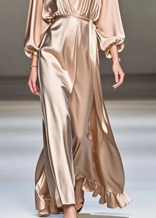 Boho Champagne V Neck Ruffles Silk Long Dresses Spring - Image 4