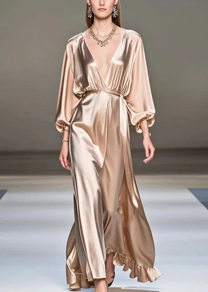 Boho Champagne V Neck Ruffles Silk Long Dresses Spring - Image 5