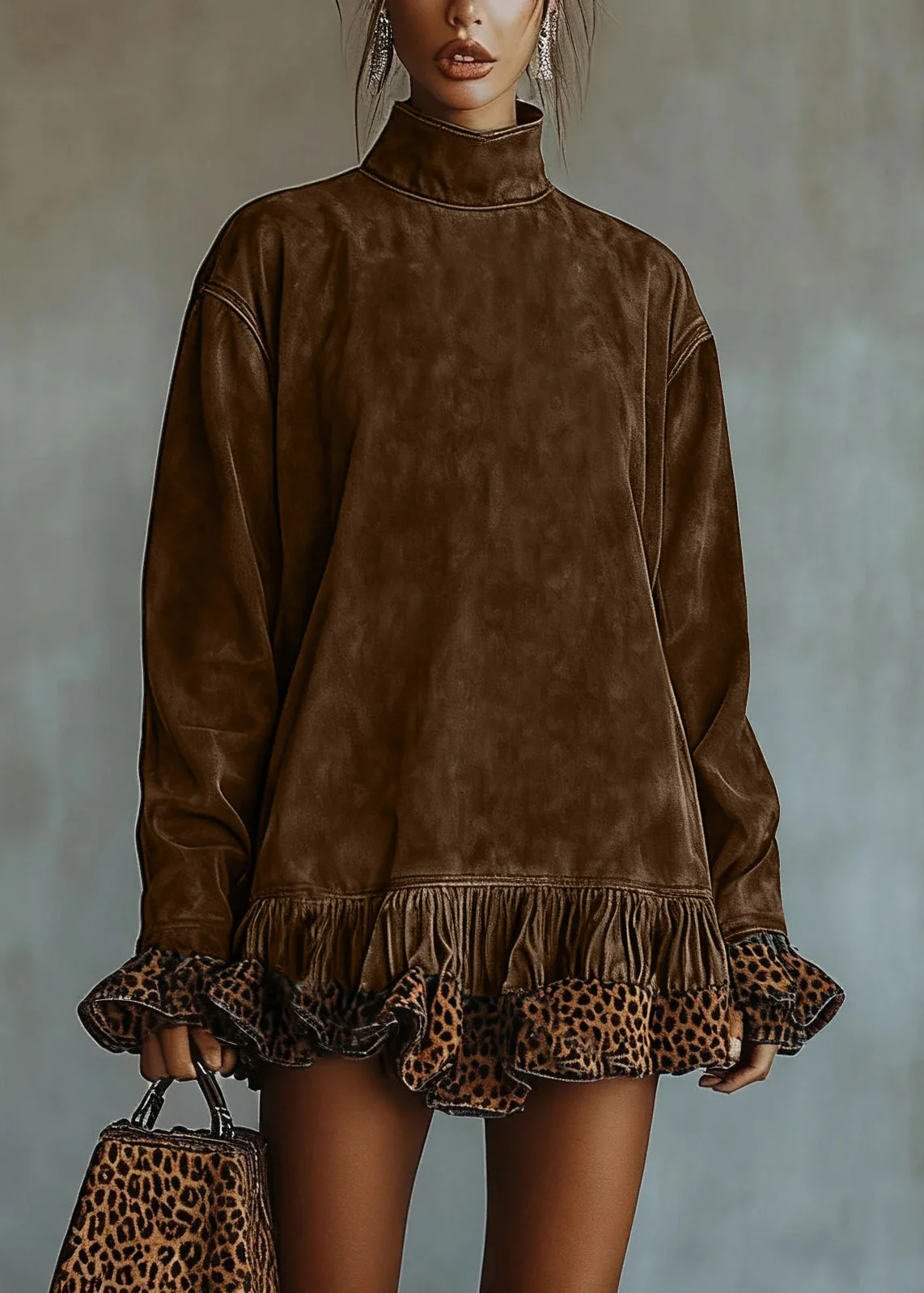 Boho Chocolate Hign Neck Ruffled Patchwork Faux Suede Dresses Spring