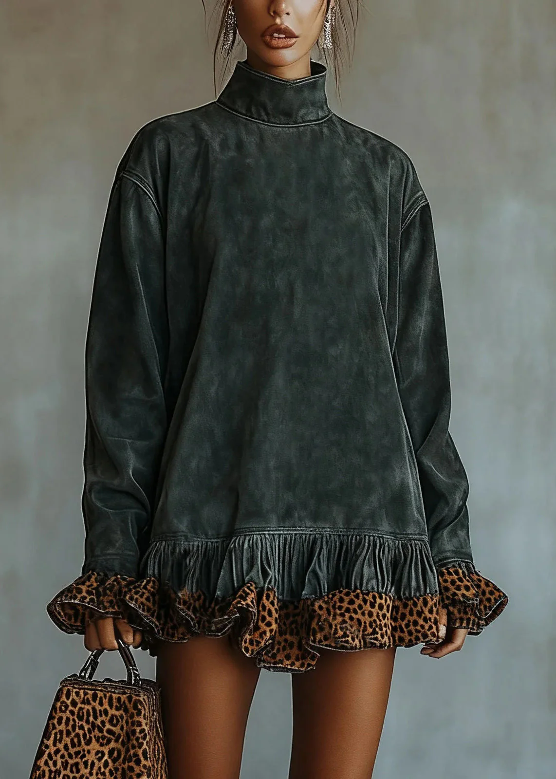 Boho Chocolate Hign Neck Ruffled Patchwork Faux Suede Dresses Spring - Image 3