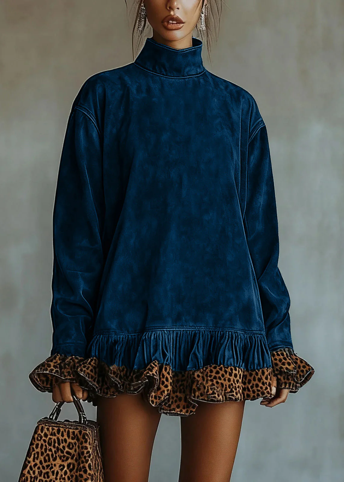 Boho Chocolate Hign Neck Ruffled Patchwork Faux Suede Dresses Spring - Image 4