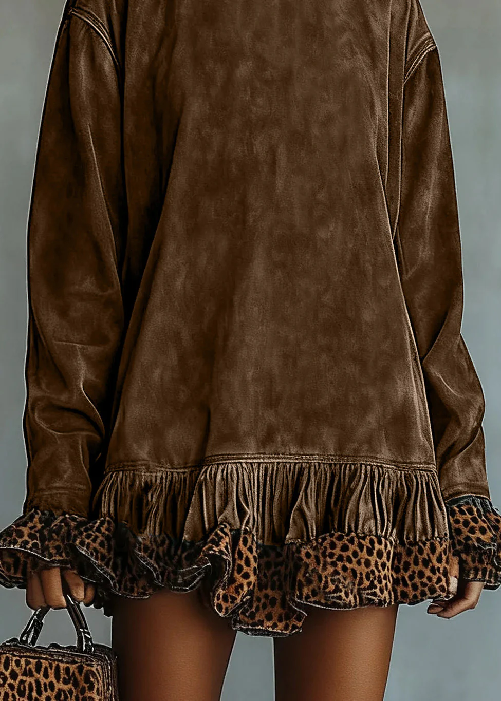 Boho Chocolate Hign Neck Ruffled Patchwork Faux Suede Dresses Spring - Image 5
