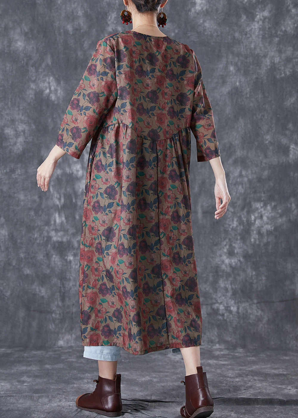 Boho Chocolate Print Button Lace Up Linen Long Dress Bracelet Sleeve - Image 4