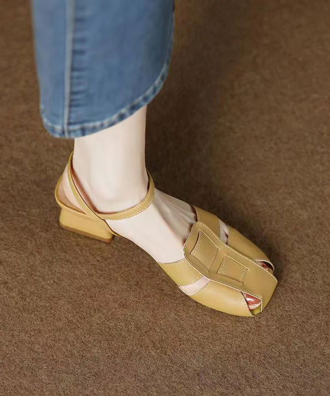 Boho Chunky Sandals Beige Hollow Out Faux Leather - Image 2