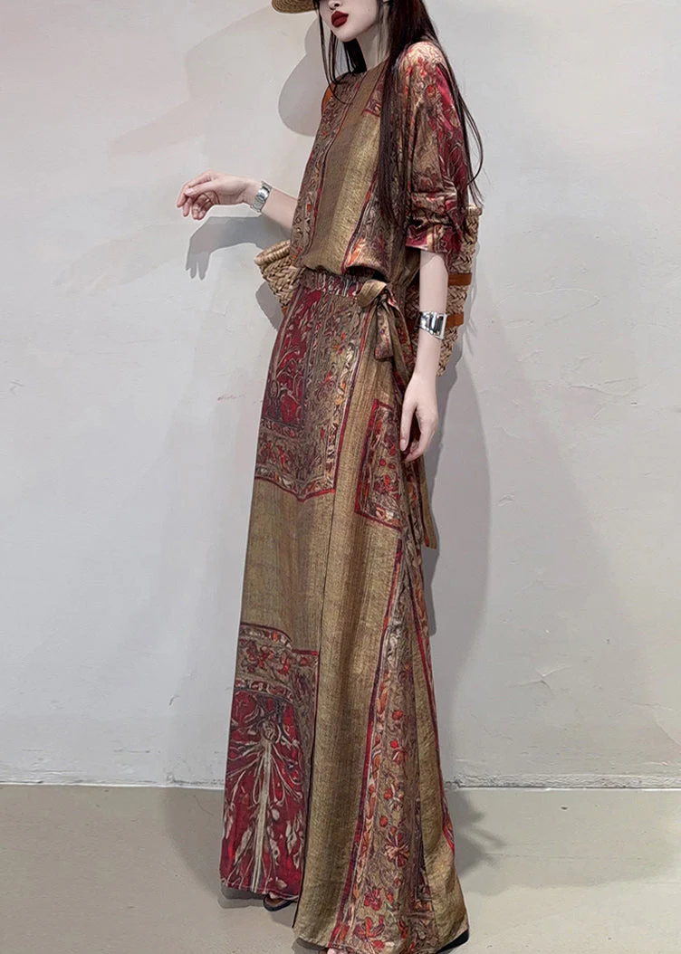 Boho Coffee Cinched Print Linen Holiday Dress Summer - Image 2