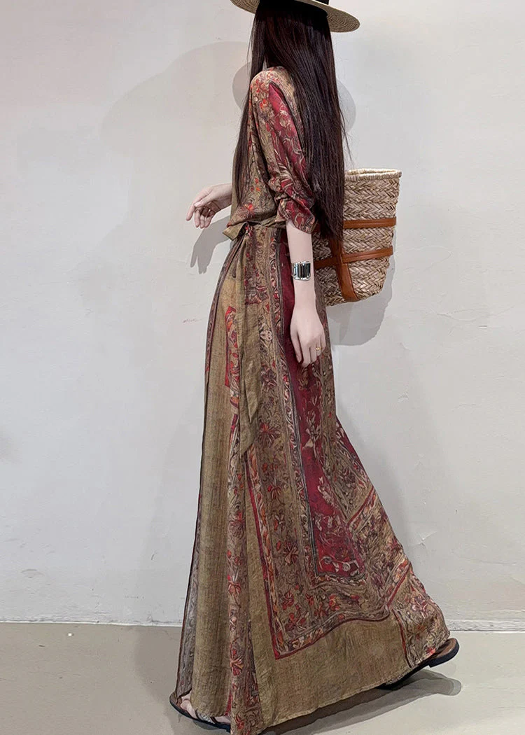 Boho Coffee Cinched Print Linen Holiday Dress Summer - Image 3