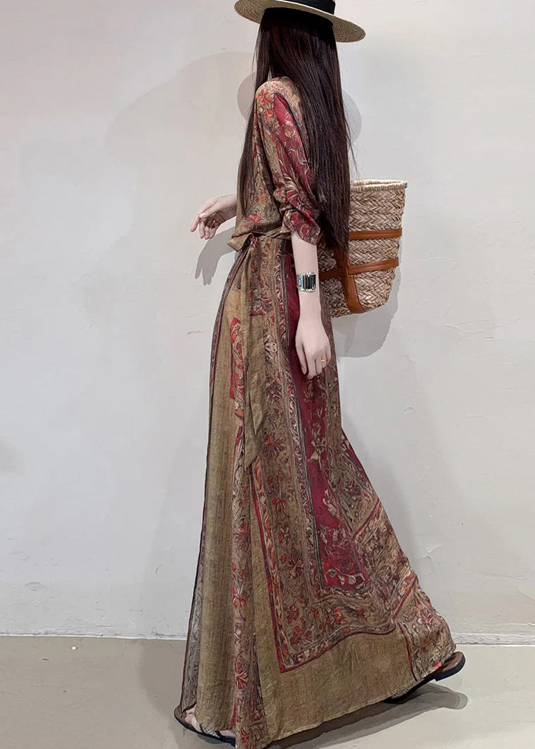Boho Coffee Cinched Print Linen Holiday Dress Summer - Image 4