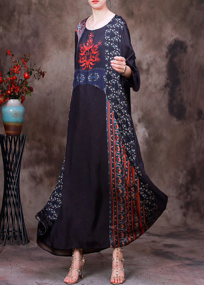Boho Chocolate Colour Print Patchwork Silk Maxi Dress Long Sleeve - Image 2