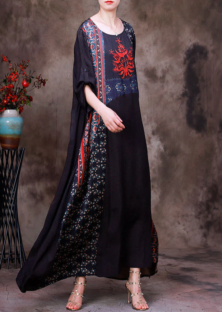 Boho Chocolate Colour Print Patchwork Silk Maxi Dress Long Sleeve - Image 3