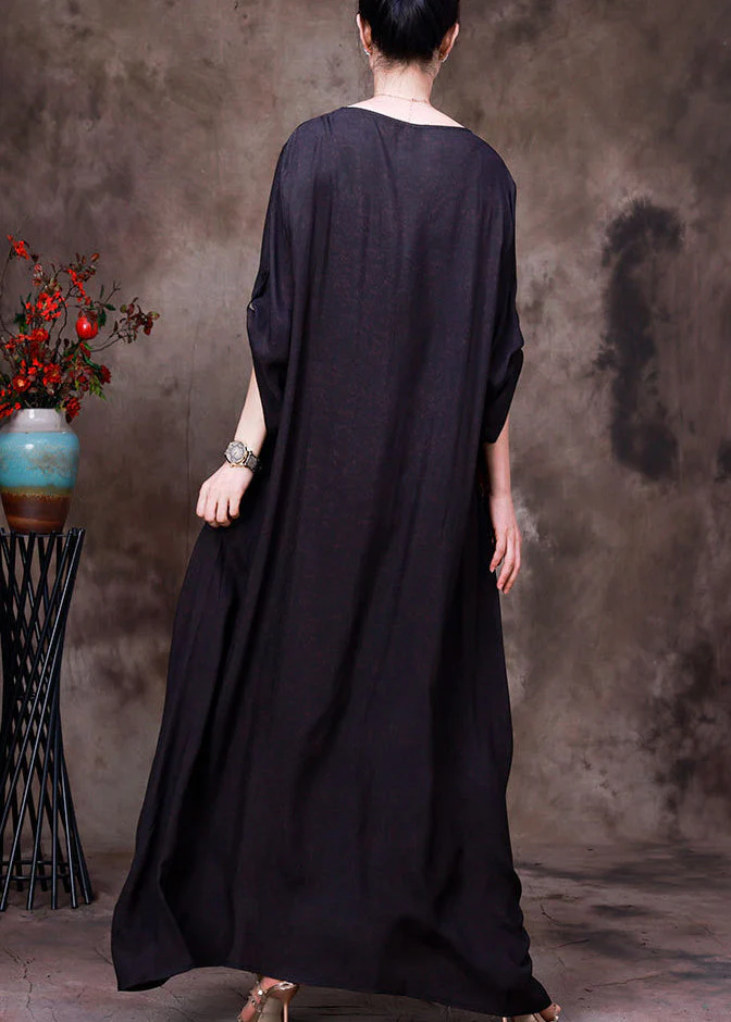 Boho Chocolate Colour Print Patchwork Silk Maxi Dress Long Sleeve - Image 4