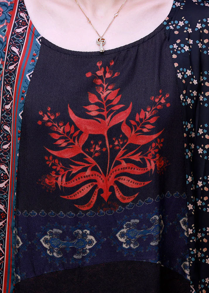 Boho Chocolate Colour Print Patchwork Silk Maxi Dress Long Sleeve - Image 5