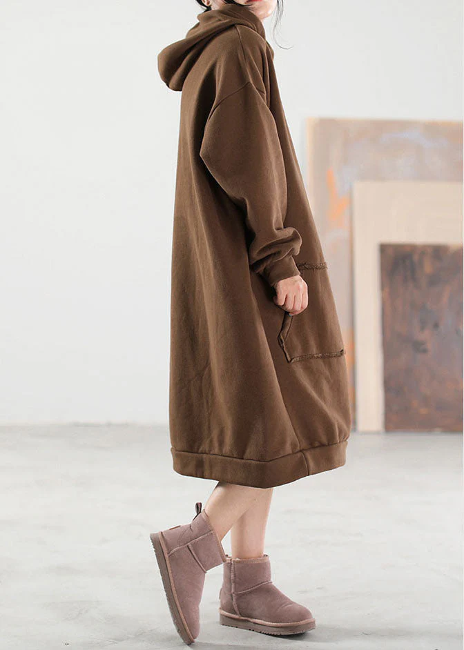 Boho Chocolate Hooded Pockets Warm Fleece Sweatshirts Winter dress - Image 3