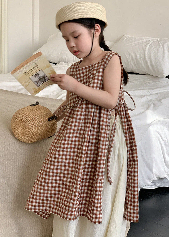 Boho Coffee Plaid Square Collar Side Open Tie Waist Cotton Kids Girls Long Dress Summer - Image 2
