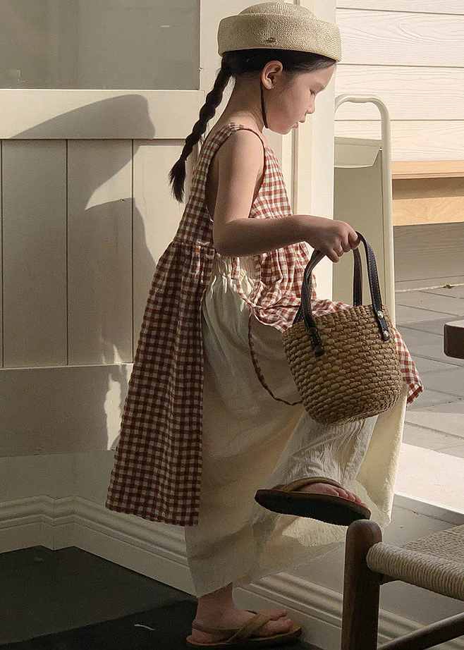 Boho Coffee Plaid Square Collar Side Open Tie Waist Cotton Kids Girls Long Dress Summer - Image 3
