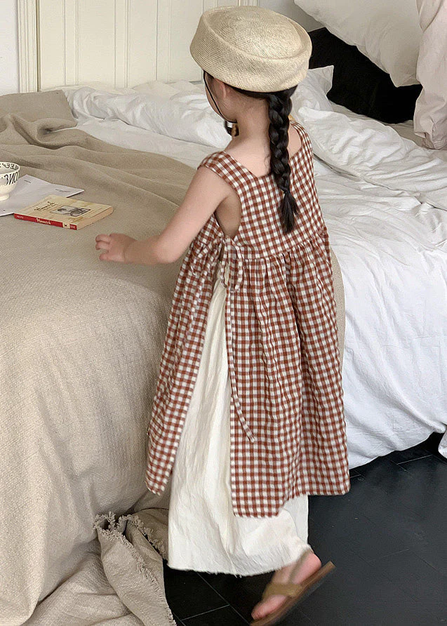 Boho Coffee Plaid Square Collar Side Open Tie Waist Cotton Kids Girls Long Dress Summer - Image 4