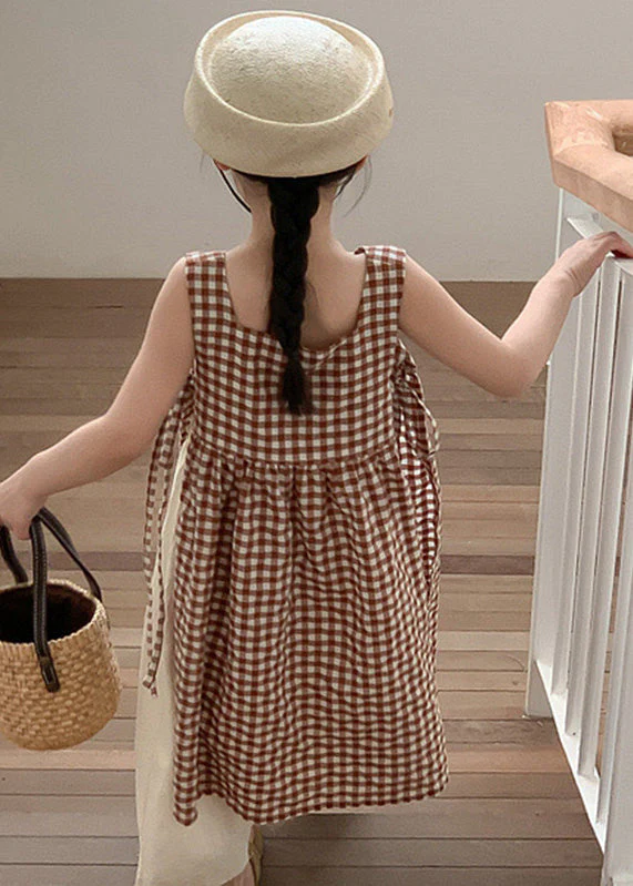 Boho Coffee Plaid Square Collar Side Open Tie Waist Cotton Kids Girls Long Dress Summer - Image 5