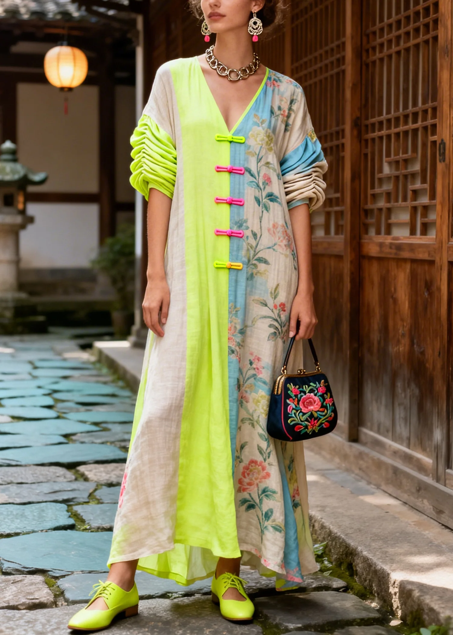 Boho Colorblock Asymmetrical Patchwork Chinese Button Cotton Dress Summer - Image 3