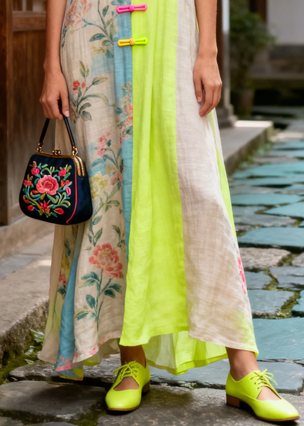 Boho Colorblock Asymmetrical Patchwork Chinese Button Cotton Dress Summer - Image 4