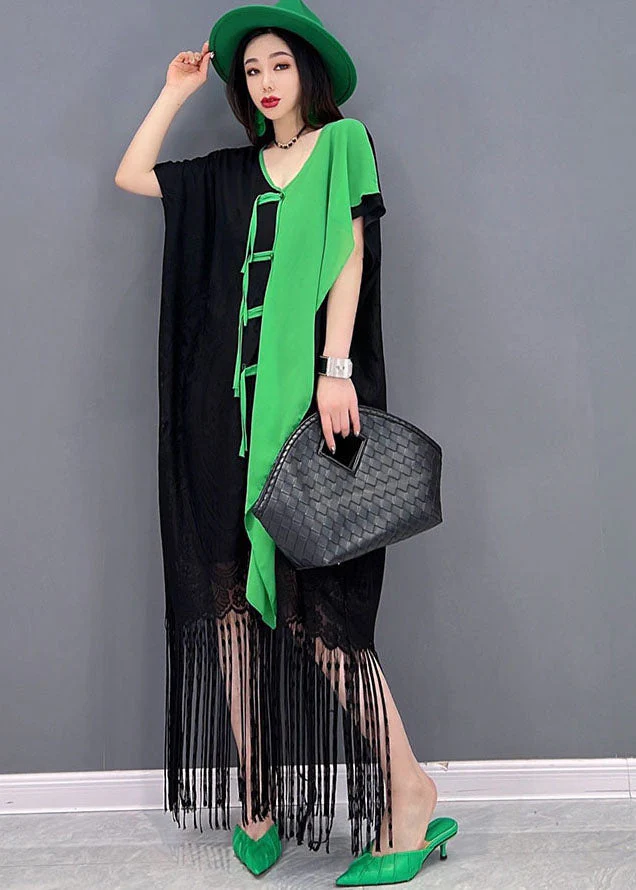 Boho Colorblock Asymmetrical Patchwork Tassel Lace Vacation Dress Short Sleeve - Image 2