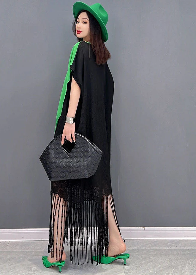 Boho Colorblock Asymmetrical Patchwork Tassel Lace Vacation Dress Short Sleeve - Image 4