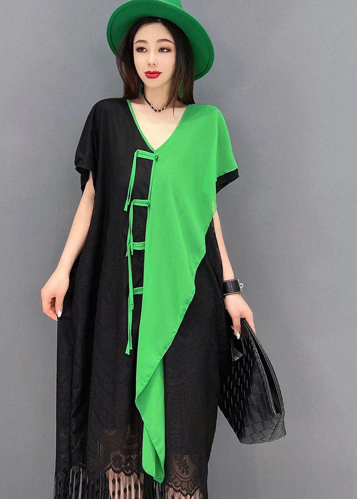 Boho Colorblock Asymmetrical Patchwork Tassel Lace Vacation Dress Short Sleeve - Image 5