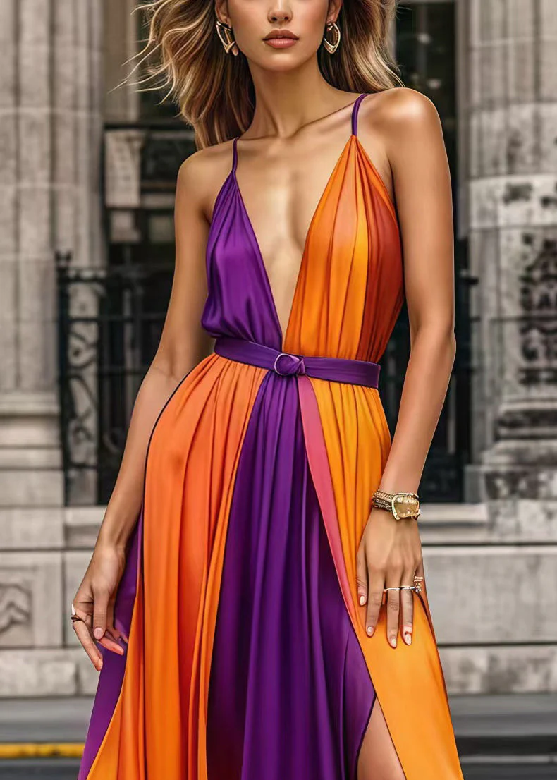 Boho Colorblock Cinched Patchwork Chiffon Spaghetti Strap Dress Summer - Image 2