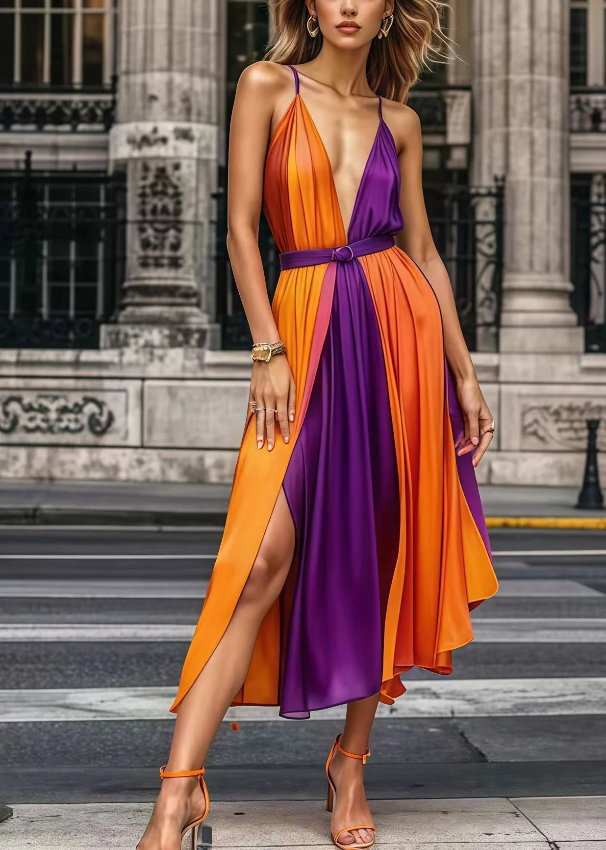 Boho Colorblock Cinched Patchwork Chiffon Spaghetti Strap Dress Summer - Image 3