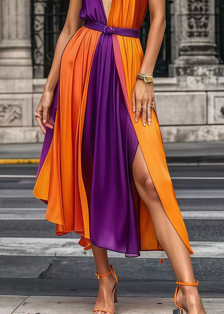 Boho Colorblock Cinched Patchwork Chiffon Spaghetti Strap Dress Summer - Image 4