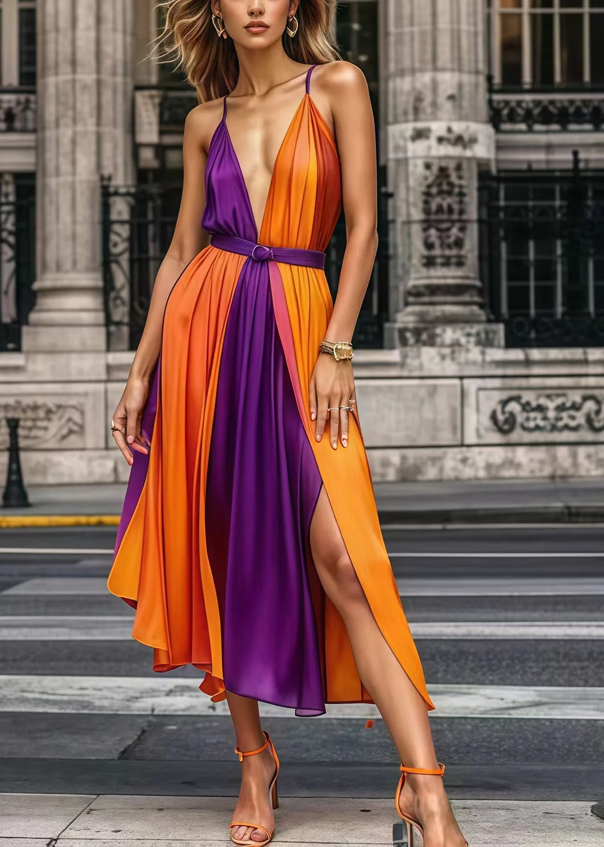 Boho Colorblock Cinched Patchwork Chiffon Spaghetti Strap Dress Summer - Image 5