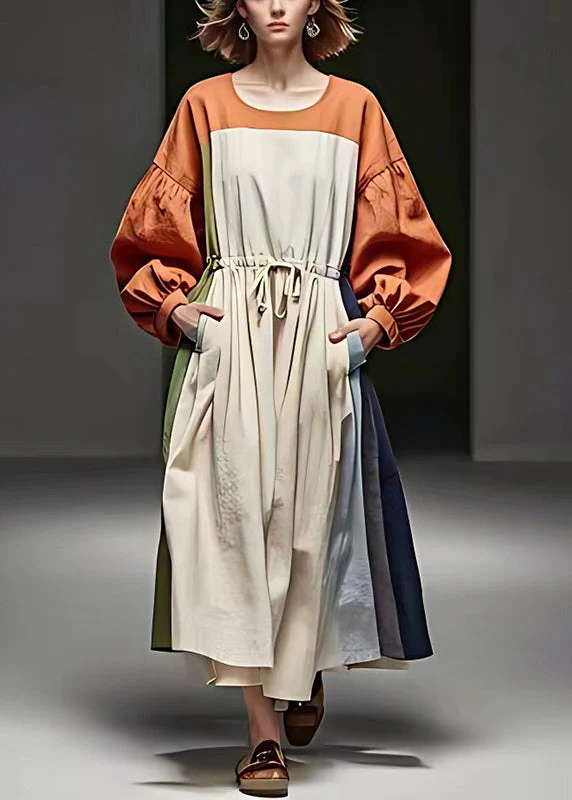 Boho Colorblock Cinched Patchwork Cotton Vacation Dresses Puff Sleeve - Image 2