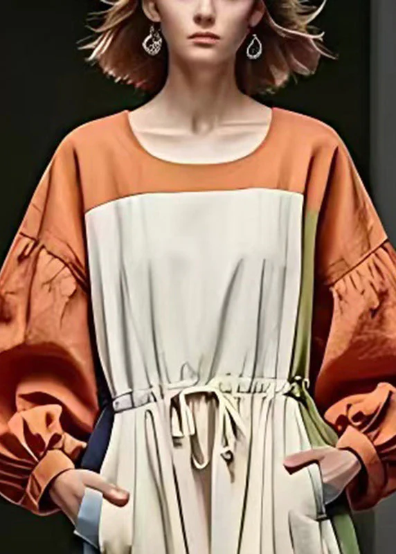 Boho Colorblock Cinched Patchwork Cotton Vacation Dresses Puff Sleeve - Image 3