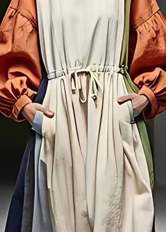 Boho Colorblock Cinched Patchwork Cotton Vacation Dresses Puff Sleeve - Image 4