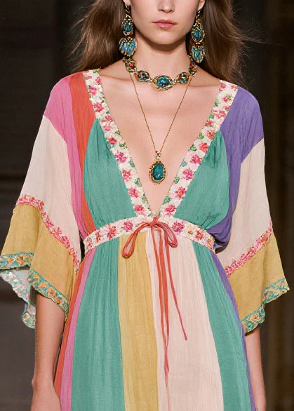 Boho Colorblock Deep-V Neck Side Open Cotton Long Dress Summer - Image 2
