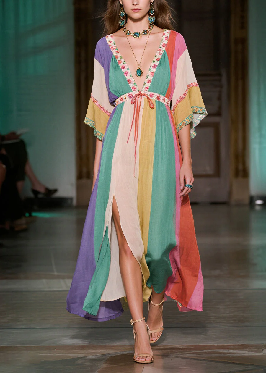 Boho Colorblock Deep-V Neck Side Open Cotton Long Dress Summer - Image 3