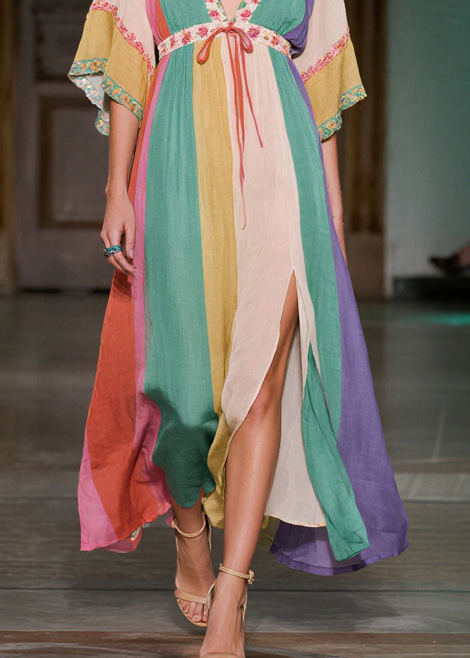 Boho Colorblock Deep-V Neck Side Open Cotton Long Dress Summer - Image 4