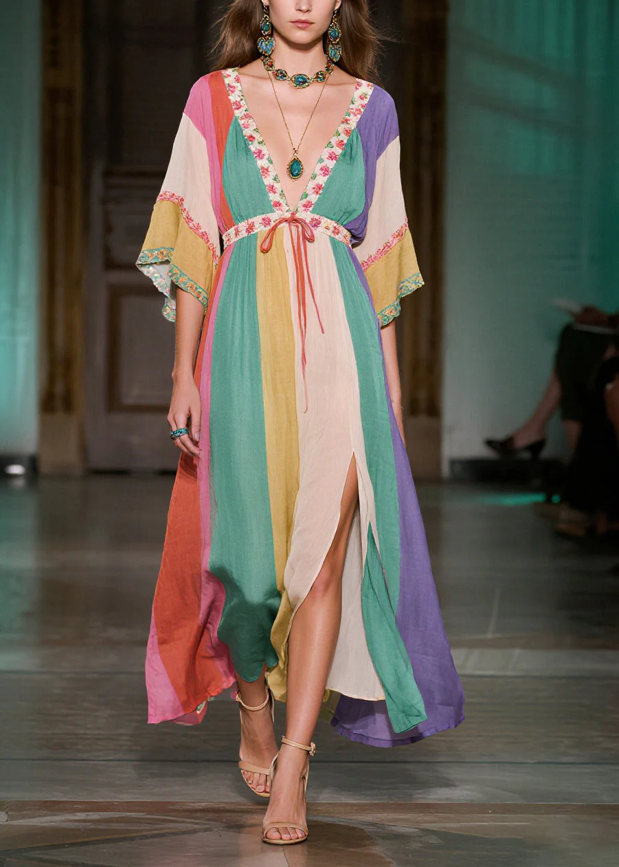 Boho Colorblock Deep-V Neck Side Open Cotton Long Dress Summer - Image 5