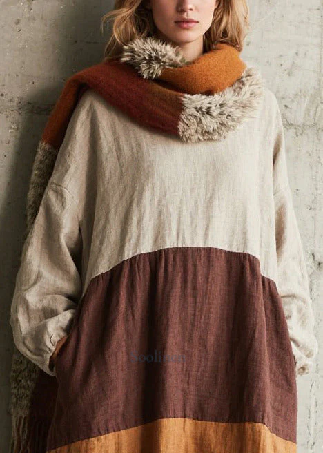 Boho Colorblock Oversized Patchwork Cotton Dress Fall - Image 2