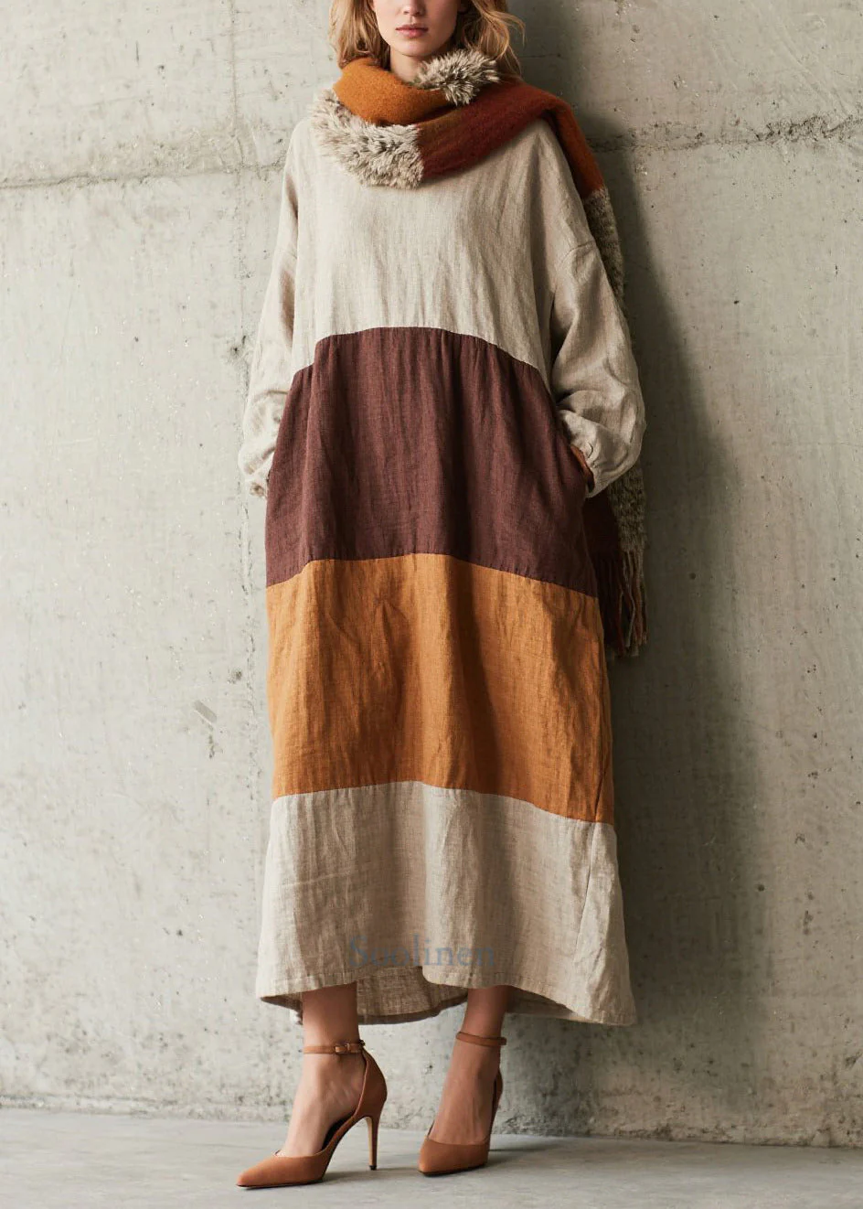 Boho Colorblock Oversized Patchwork Cotton Dress Fall - Image 3