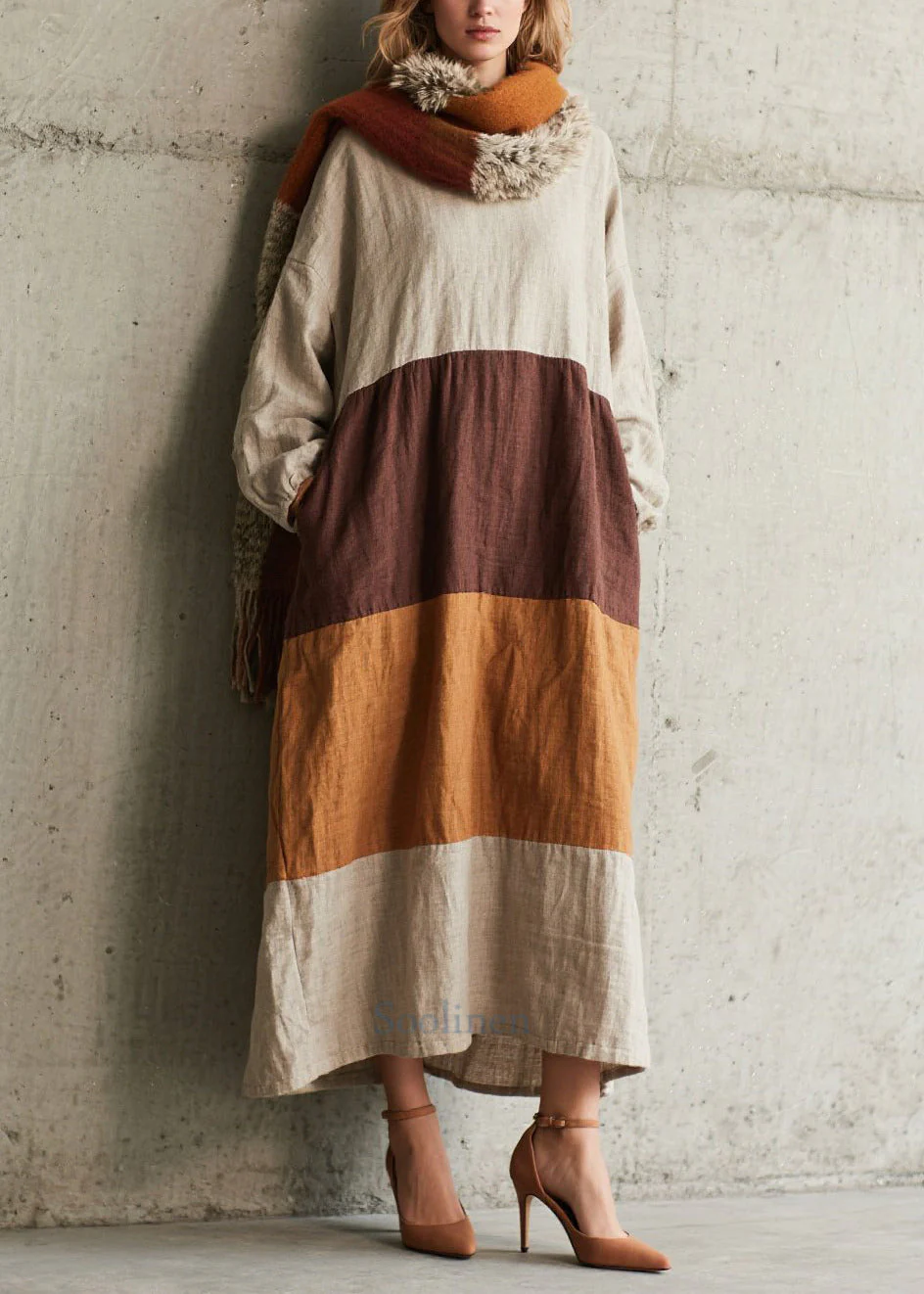 Boho Colorblock Oversized Patchwork Cotton Dress Fall - Image 5