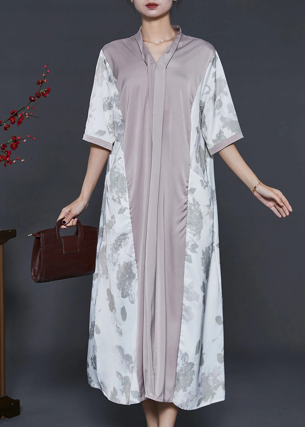 Boho Colorblock Oversized Patchwork Silk Dress Summer - Image 3